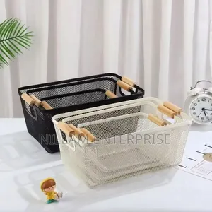 3 Pcs Mesh Plastic Storage Baskets With Bamboo Handles.