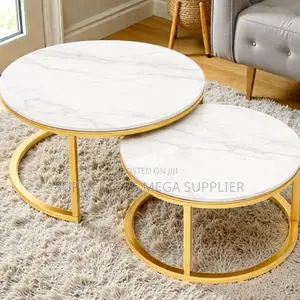 Stylish Round Marble Top Coffee Table Set Gold Frame Modern Décor