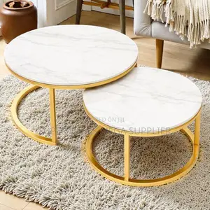 Chic White Marble Coffee Tables Set Gold Finish Contemporary Style