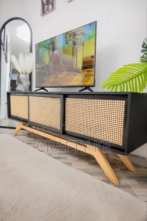 Scorp Media Console - Black Rattan Sliding Doors Tv Stand