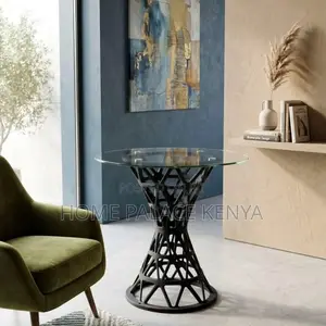 Dining Table: Black Glass Table With Geometric Pedestal Base