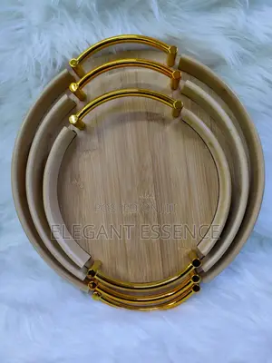 3pcs Bamboo Round Trays With Gold Handles