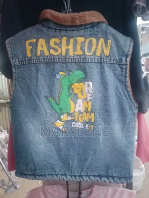 Kids Fleece Lined Sleeveless Denim Vest With Dinosaur Graphic Blue