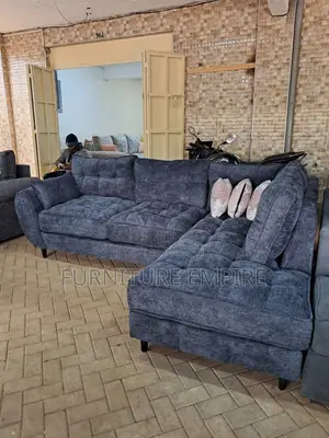 6-Seater Navy Blue Butterfly L-Shaped Sofa With Tufted Back