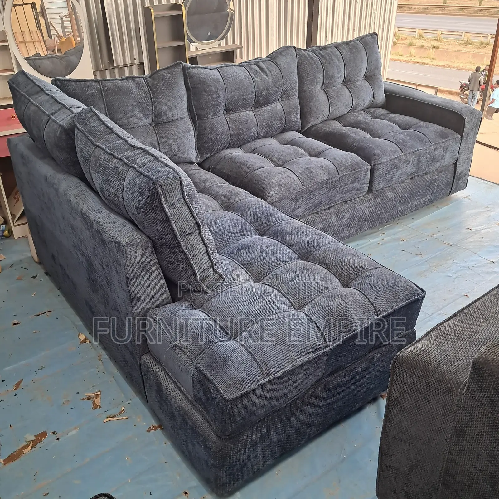 6-Seater Dark Grey Tufted L-Shaped Sofa