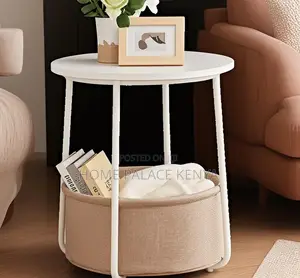 Side Table: Decorative Side Table With Polyester Beige Basket