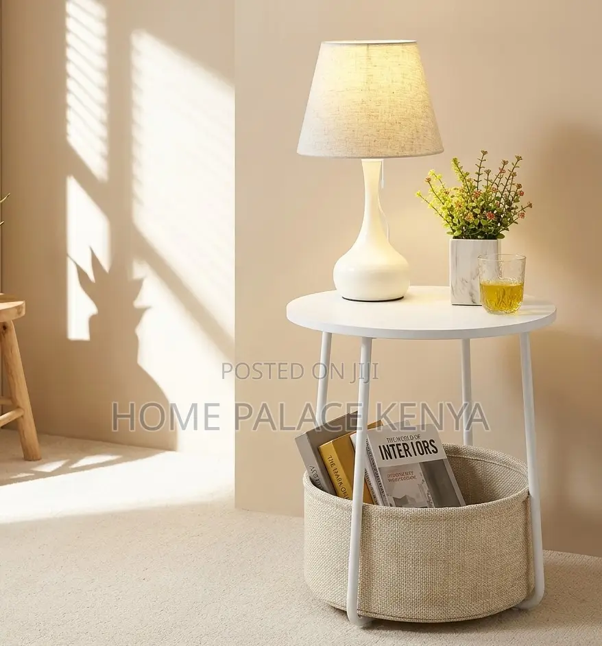 Side Table: Decorative Side Table With Polyester Beige Basket