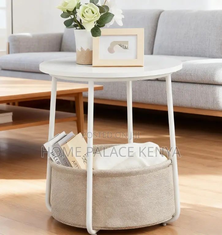 Side Table: Decorative Side Table With Polyester Beige Basket