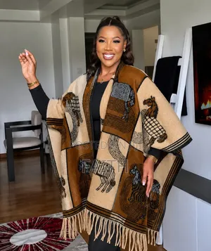 Elegant Animal Print Knit Poncho Cape – Winter Wrap Shawl With Fringe