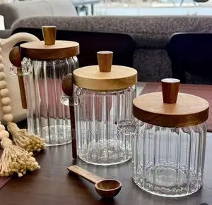 Stylish Ribbed Glass Storage Jars With Acacia Lids Scoops