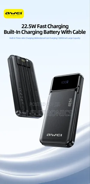 Awei Pa-91 Fast Charge 22.5w 10000mah Power Bank- Attached Cable Led