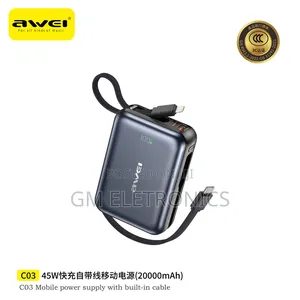 Awei C03 Fast Charging 45w 20000mah Power Bank With Attached Cables