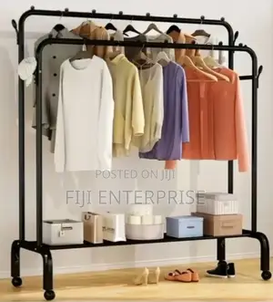 Double Pole Clothing Rack With Wheels Lower Storage Shelf
