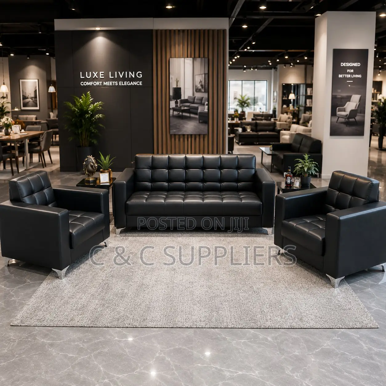 Black 5-Seater Leather Hall Way Sofa Set