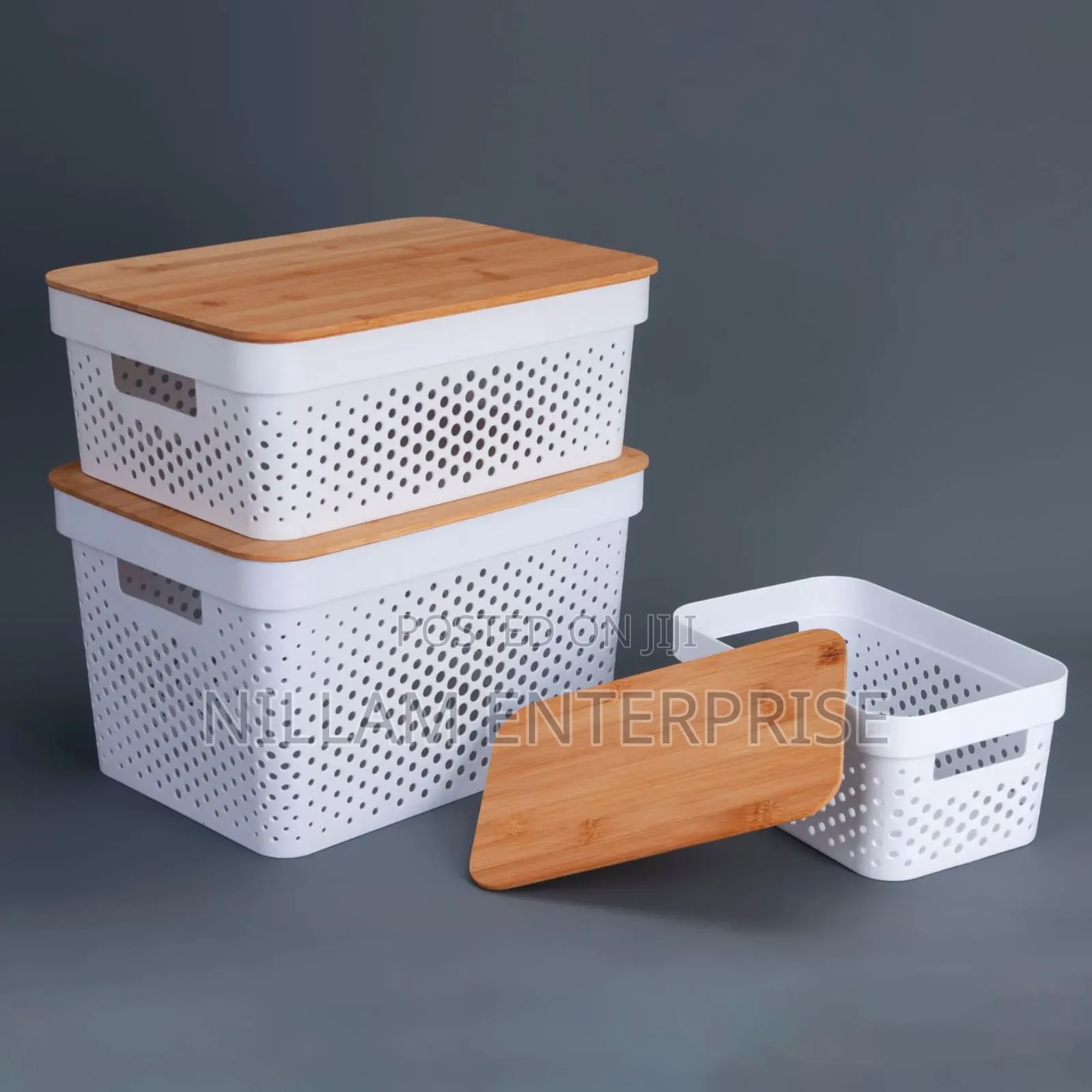 *Medium Size Modern Storage Basket With Bamboo Lid*