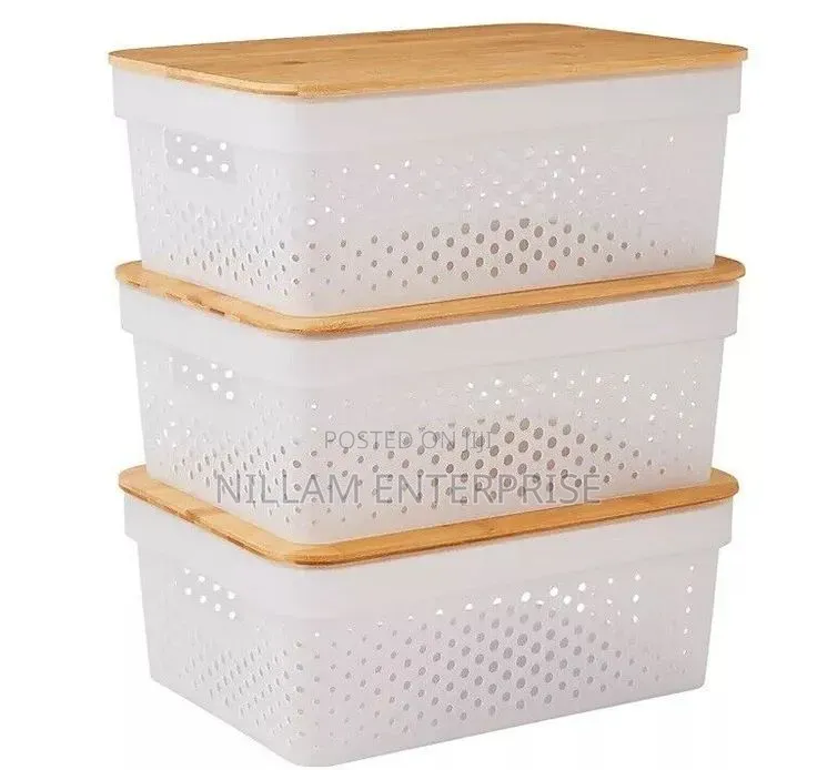 *Medium Size Modern Storage Basket With Bamboo Lid*