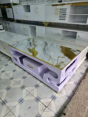 Executive White Coffee Table Gold Marble Top With Drawer