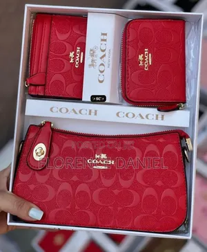 Coach 3-in-1 Ladies Handbag Wallet Gift Set – Red and Brown