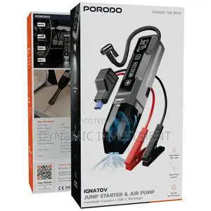 Porodo Ignatov 4-in-1 Car Tyre Inflator, Jump Starter Emergency Light.
