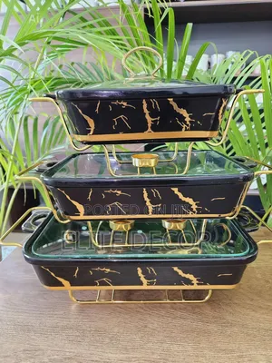 3pcs Black Gold Ceramic Chafing Dish Set Serving Bowls