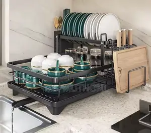 Carbon Steel 2 Tier Dish Rack With Cutlery Holder Chop Board Holder