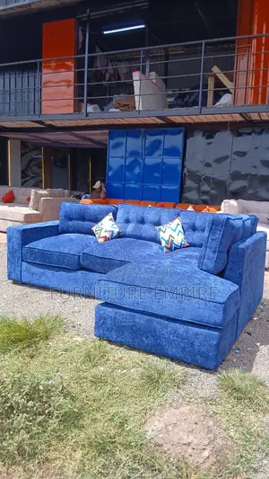 6 Seater Blue L Sofa With Cushions