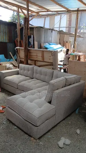 6 Seater Brown Tufted L Sofa With Cushions