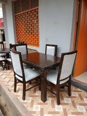 4 Seater Dining Set – Dark Wooden Table Gray Upholstered Chairs