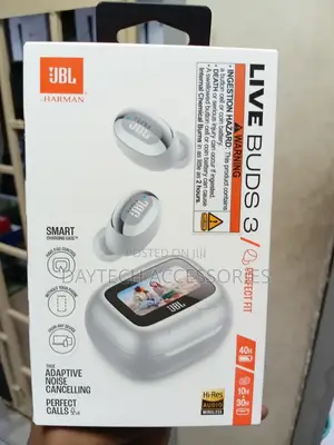 JBL Live Buds 3 Earbuds Silver-Colored Design and Smart Charging Case.