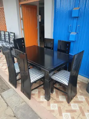 6 Seater Dining Set – Black Wooden Table Striped Cushioned Chairs
