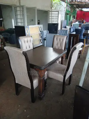 4 Seater Dining Set – Dark Wooden Table Tufted Beige Chairs
