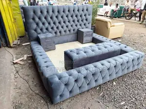 6x6 Chester Bed – Grey Tufted With Cabinets Ottoman