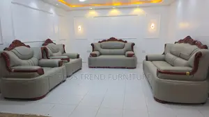 8 Seater Sofa Set – Carved Wooden Frame Gray Leather Cushions