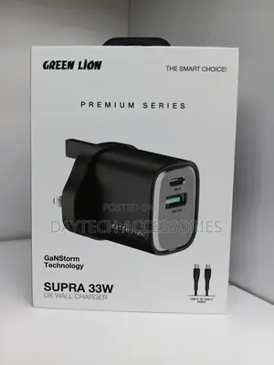 This Is a Green Lion Supra 33w Uk Wall Charger in Black.