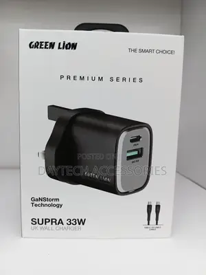This Is a Green Lion Supra 33w Uk Wall Charger in Black.