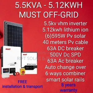 5.5kv - 5.12kwh Lithium -(6)595w Solar - Free Installation Transport