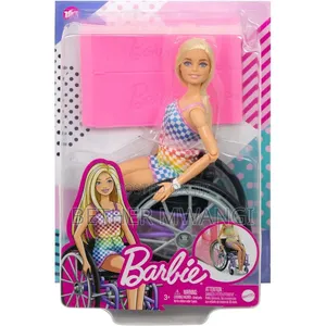 Barbie Doll With Wheelchair Ramp ,Straight Blonde Hair Rainbow Romper