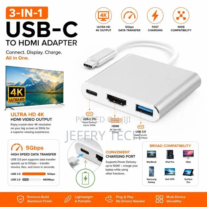 Usb C to Hdmi Adapter 3-in-1 Usb 3.0 Pd 100w Fast Charging Multipor