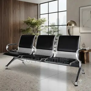 Office Bench; Three Seaters Black Leather Reception Waiting Bench
