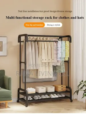 Double Pole Wheeled Clothes Drying Rack Shoe Rack | Black