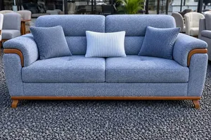 Modern Light Grey Sofa With Wooden Accent Armrest