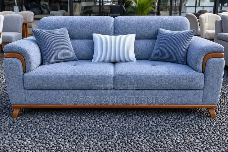 Modern Light Grey Sofa With Wooden Accent Armrest