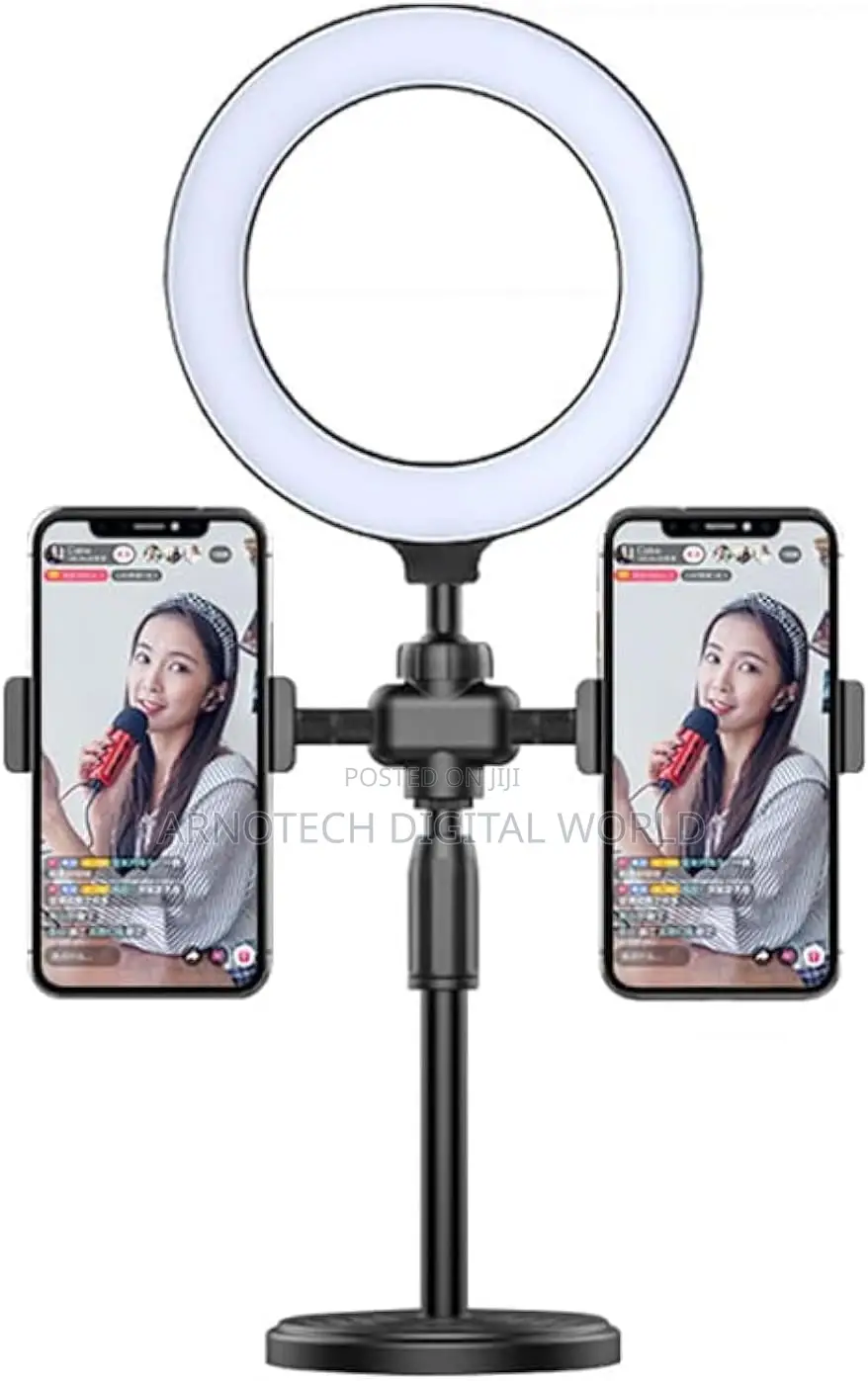 Desktop Ring Light With Dual Phone Holder Adjustable Tripod Stand
