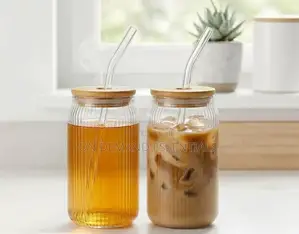 1pc Ribbed Borosilicate Glass Cup With Bamboo Lid