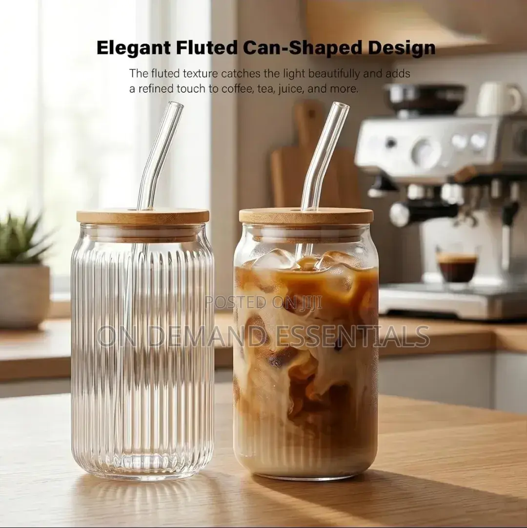 1pc Ribbed Borosilicate Glass Cup With Bamboo Lid