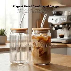 1pc Ribbed Borosilicate Glass Cup With Bamboo Lid