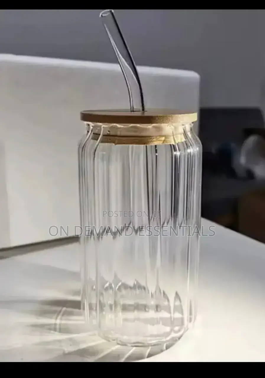 1pc Ribbed Borosilicate Glass Cup With Bamboo Lid