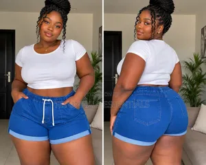 Women's Blue Elastic Waist Denim Shorts With Drawstring Rolled Hem