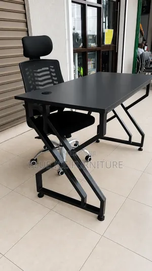 Black Office Metallic Table With Swivel Chair