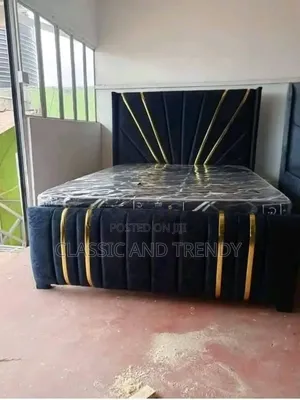 5x6 Black Upholstered Bed With Gold Accents
